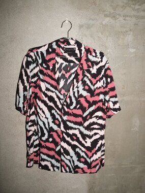 AllSaints Zebra Print Camp Collar Shirt Pink Black